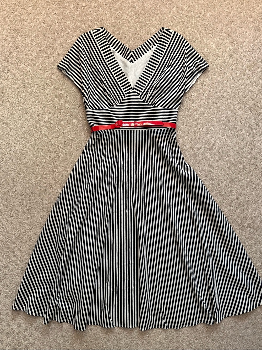 Maggy London Black and White Striped Midi Dress Red Belt Retro Pinup 50s 6